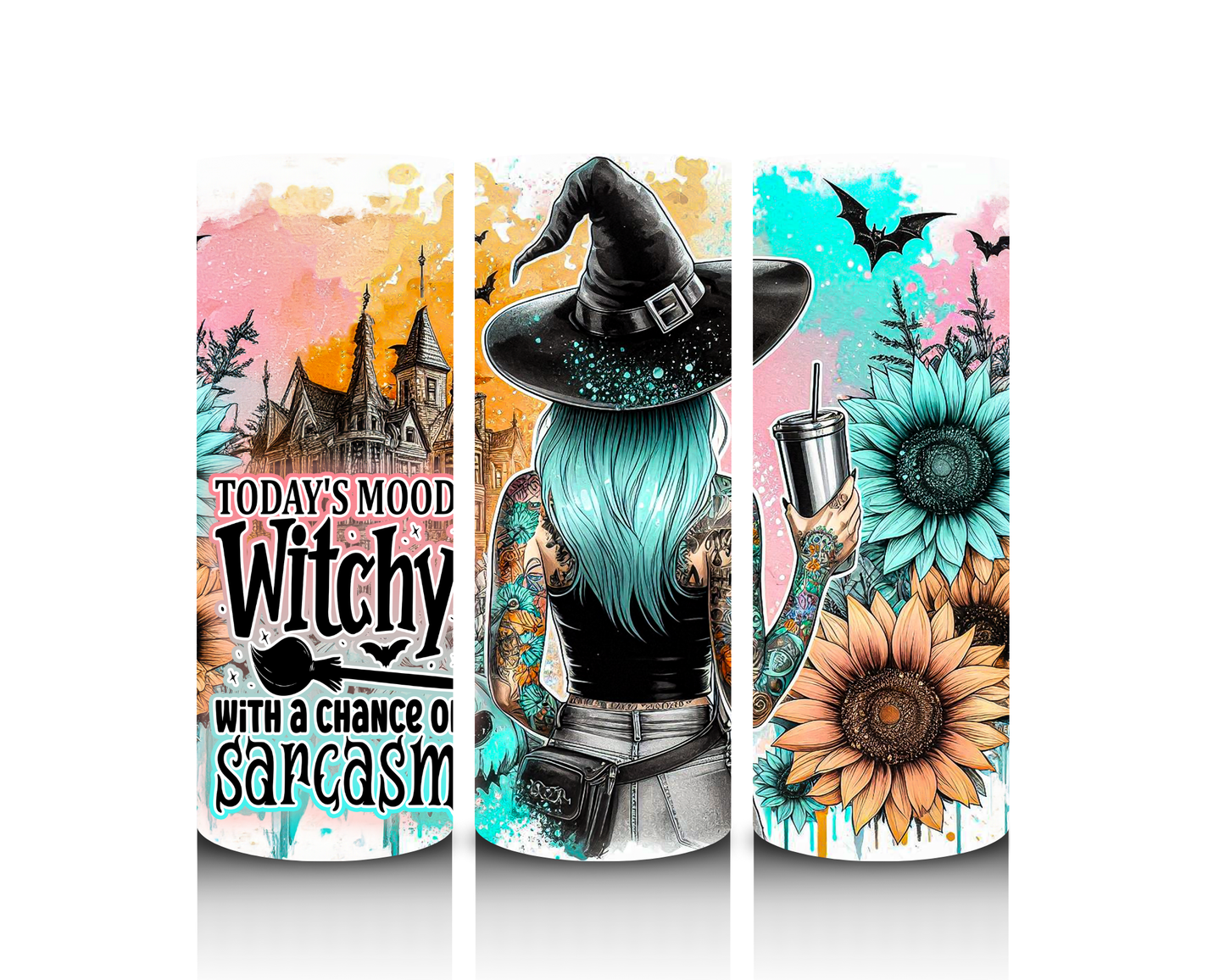 Three colorful phone cases with Halloween-themed designs featuring a witch, sunflowers, and a castle.