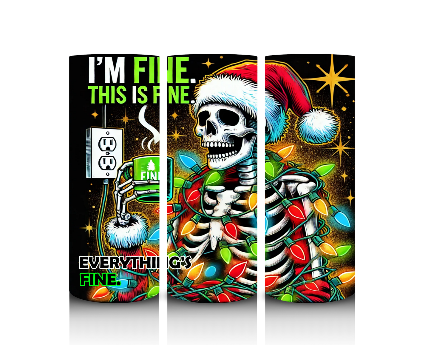 Tumbler artwork with a skeleton in a Santa hat surrounded by Christmas lights, text, and a power outlet.