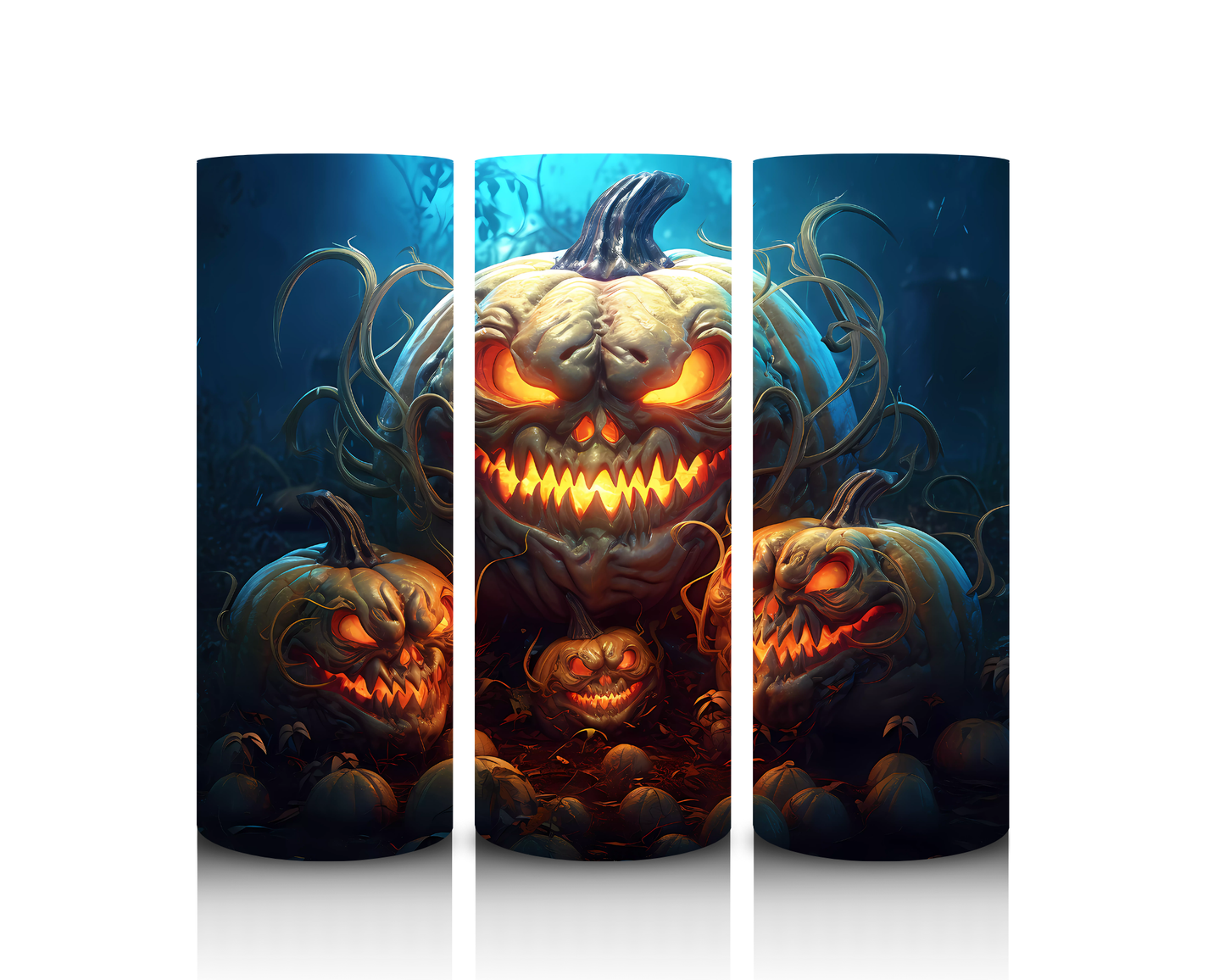 Triptych artwork of glowing jack-o'-lanterns with a dark blue background