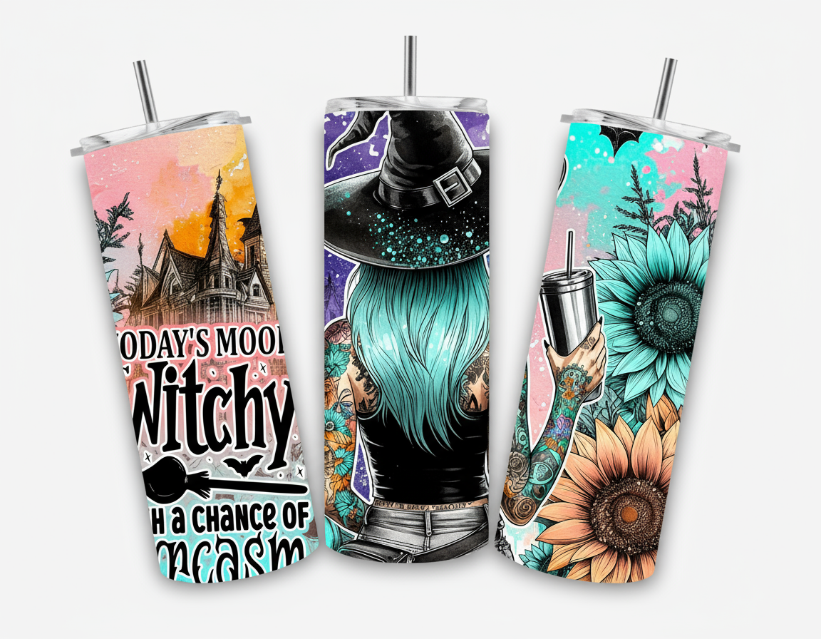 Three colorful tumbler designs with witch-themed graphics on a white background.