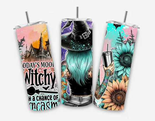 Three colorful tumbler designs with witch-themed graphics on a white background.