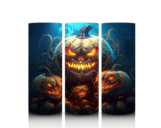 Three-panel artwork of a Halloween-themed pumpkin with glowing eyes on a dark blue background.