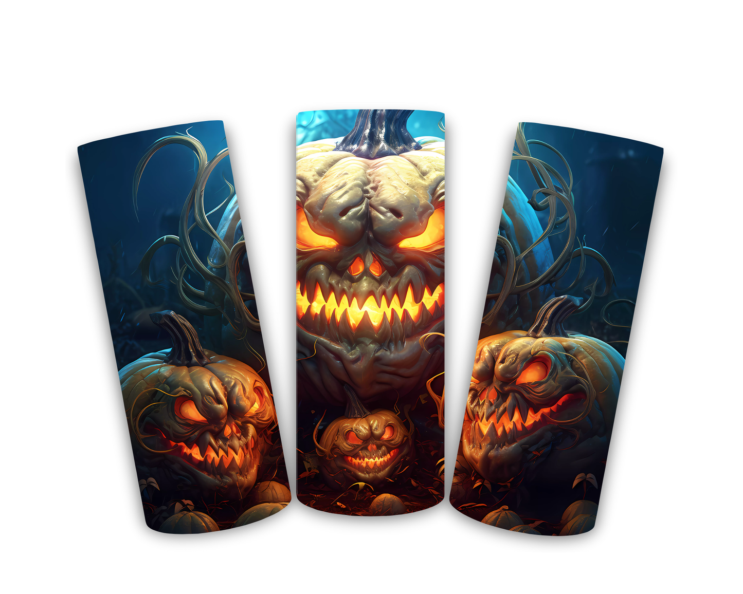 Three pumpkin-themed cups with glowing jack-o'-lantern faces on a white background
