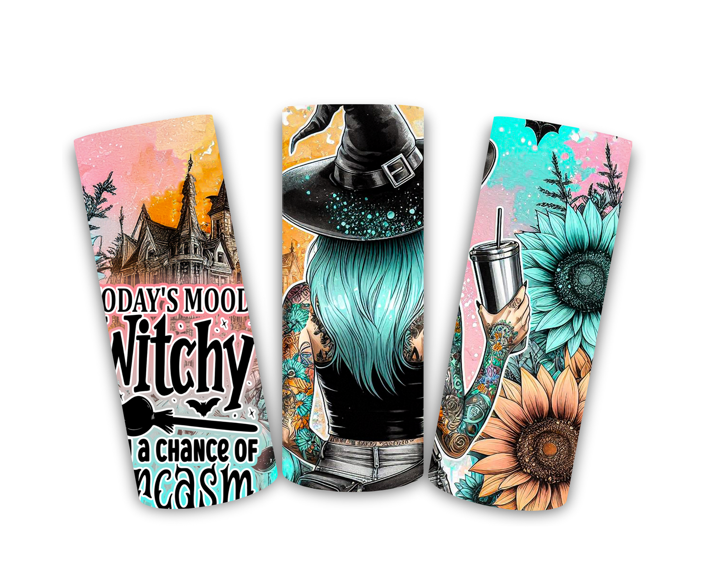 Three colorful designs featuring a witch, sunflowers, and a castle on a white background.