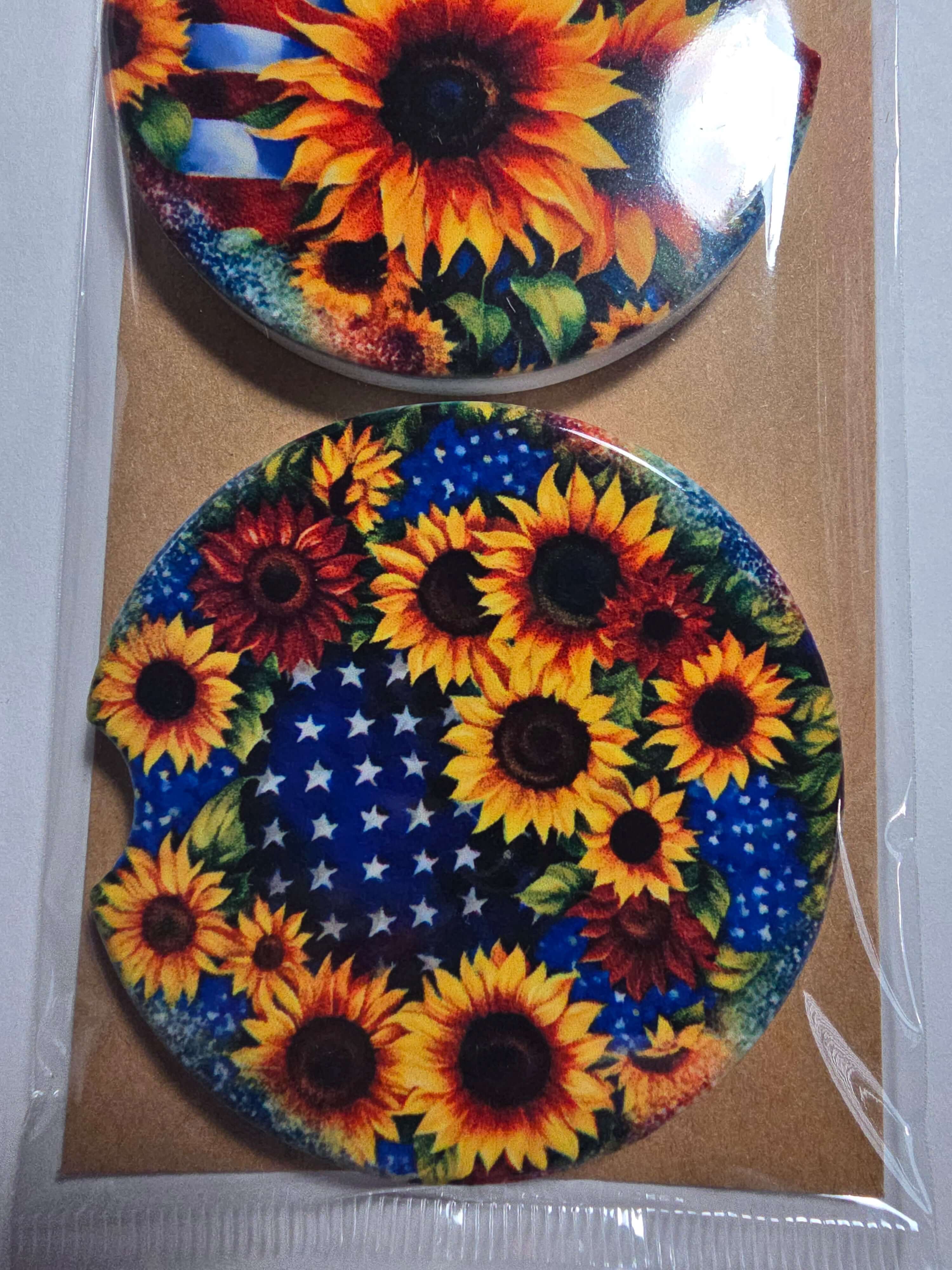 American flag sunflowers car coasters set of 2 in packaging