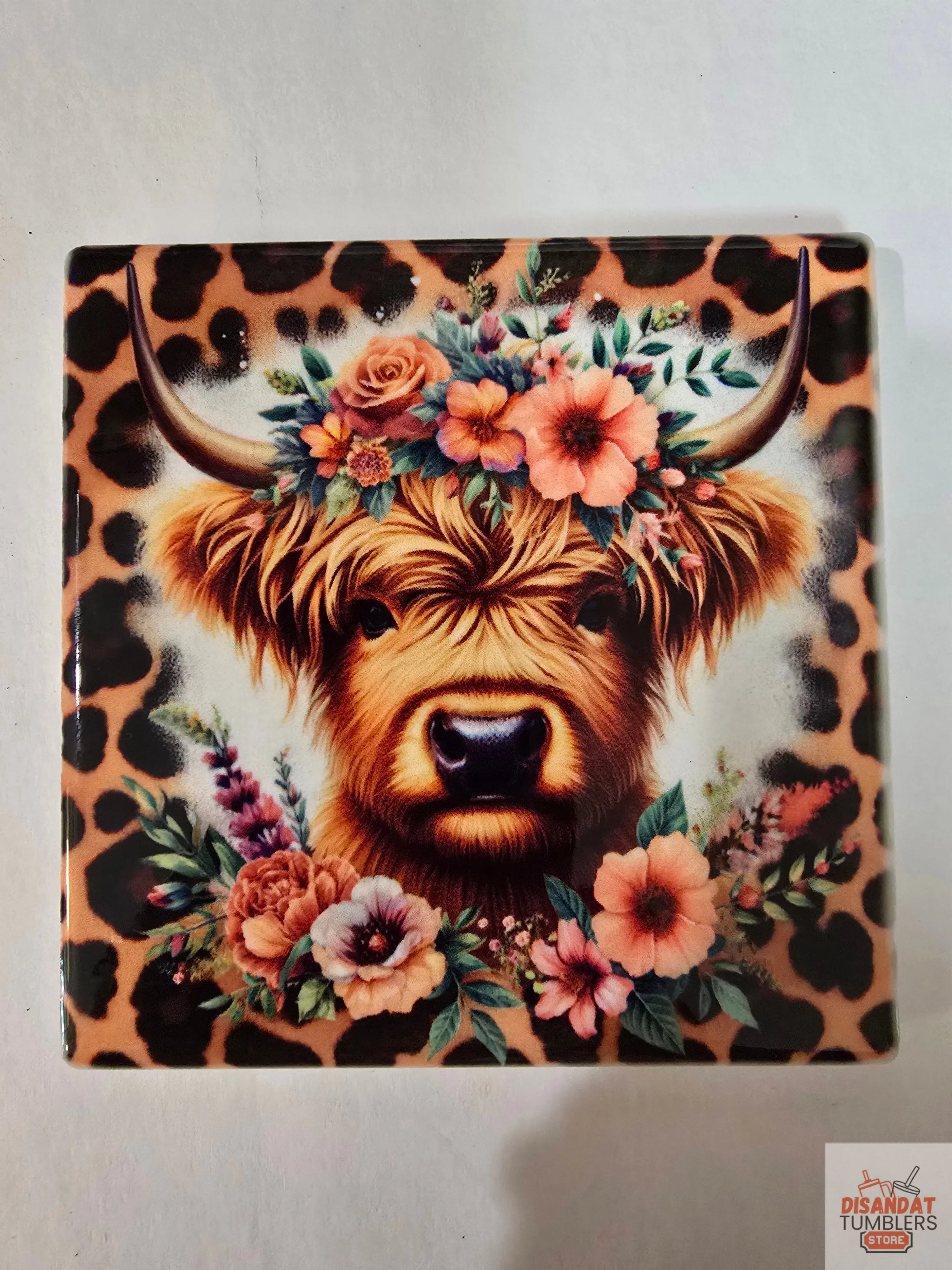 Cheetah Highland Cow 🐄 4-inch Coasters - Dis An Dat Tumbler Store