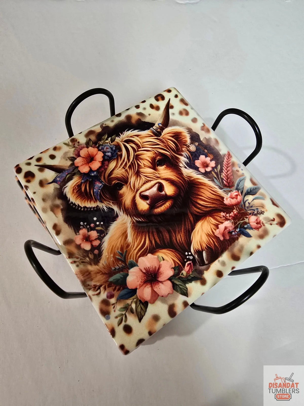 Cheetah Highland Cow 🐄 4-inch Coasters - Dis An Dat Tumbler Store