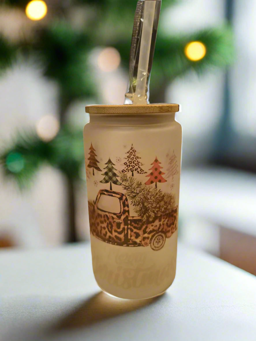 Christmas Truck 16oz Frosted Glass Tumbler DisAnDat