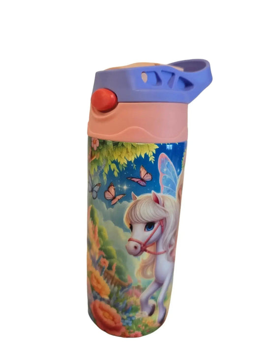 Children's water bottle with unicorn design on a white background