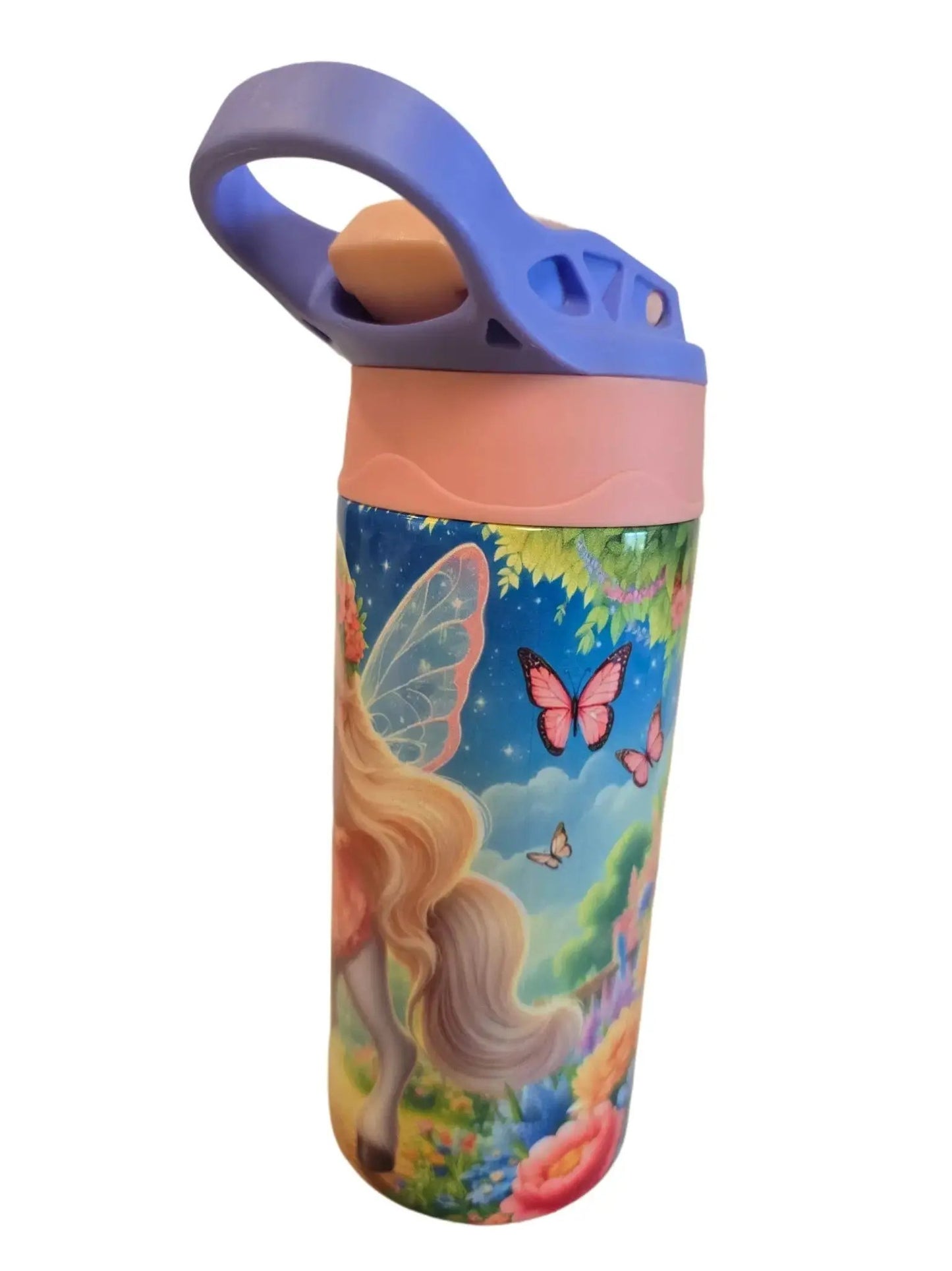 Colorful water bottle with fairy design on a white background