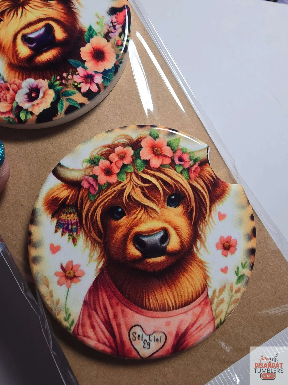Highland Cow Floral Car Coasters – Set of 2 Dis An Dat Tumbler Store
