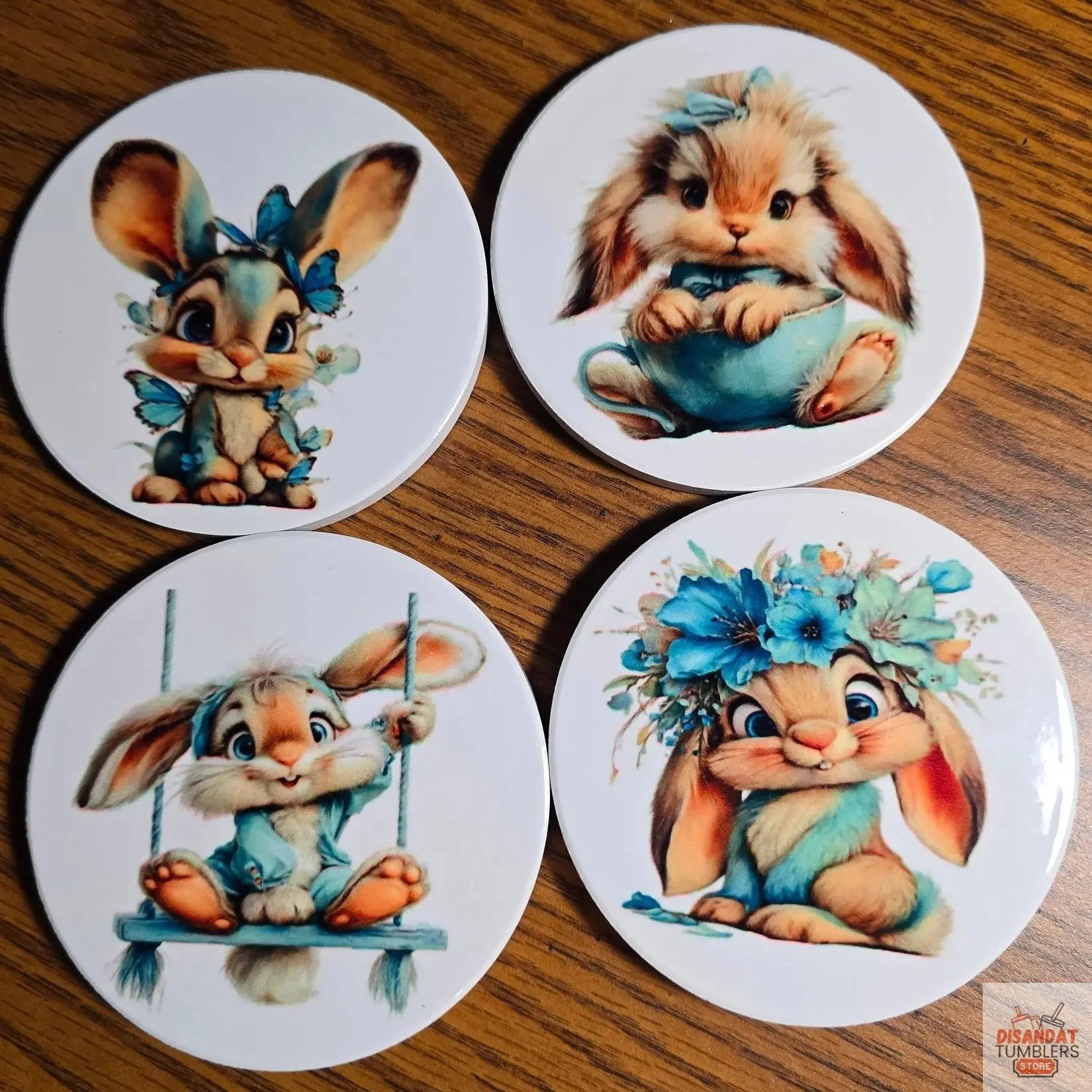 Pretty in blue Bunny 3 inch round Table Coasters - Dis An Dat Tumbler Store