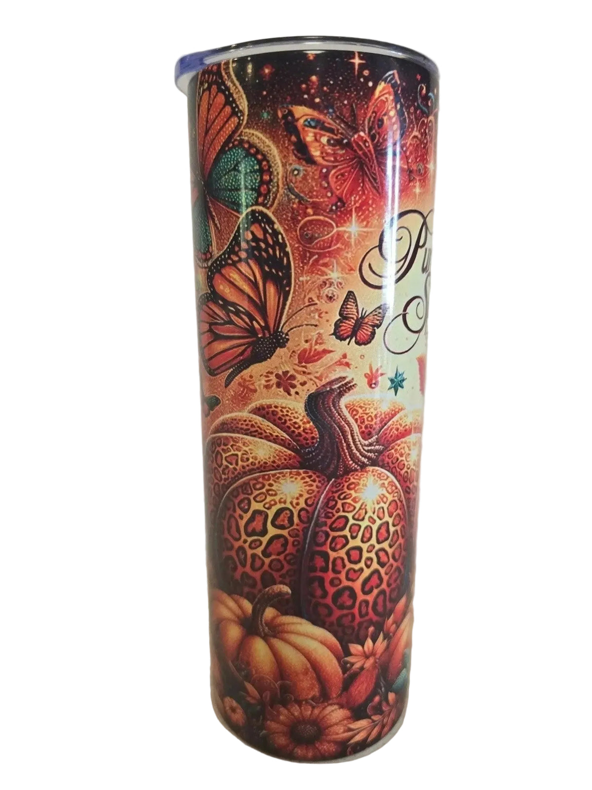 Decorative cylindrical object with butterfly and leopard print design on a plain background