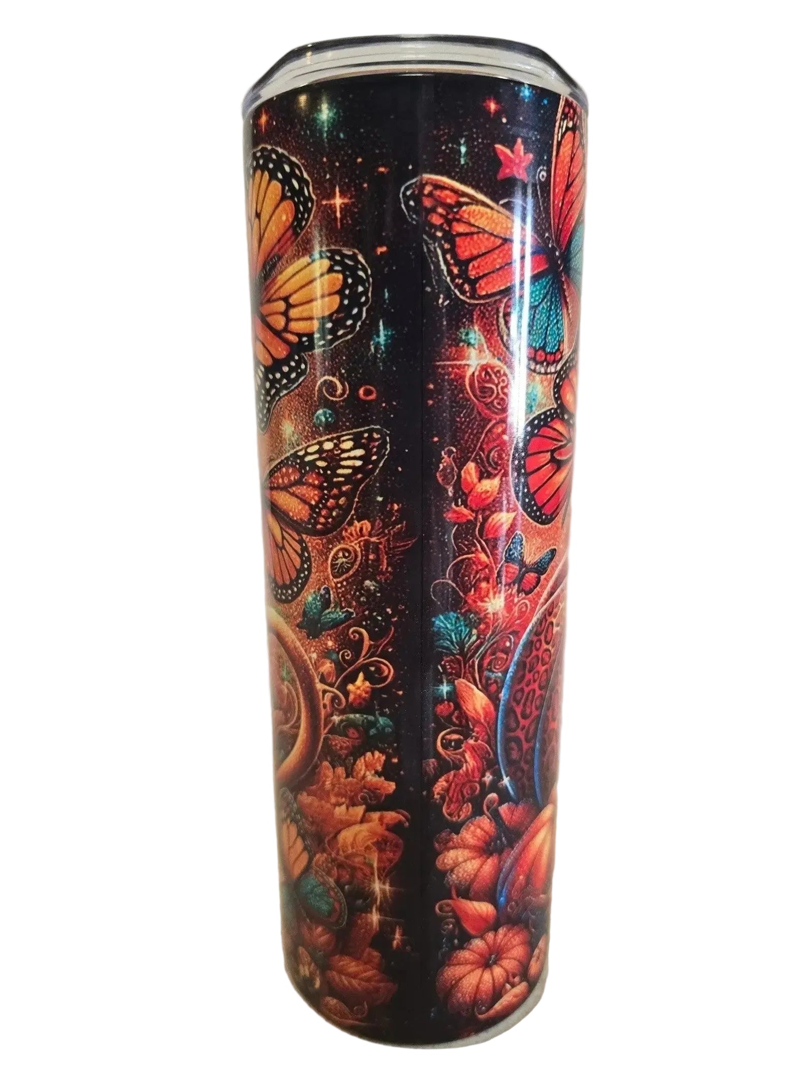 Tumbler with butterfly and floral design on a plain background
