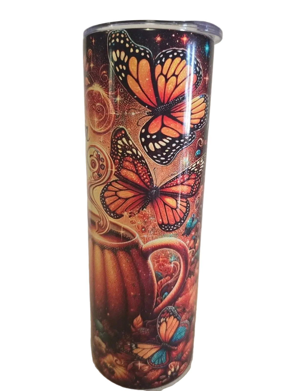 Tumbler with butterfly design on a plain background