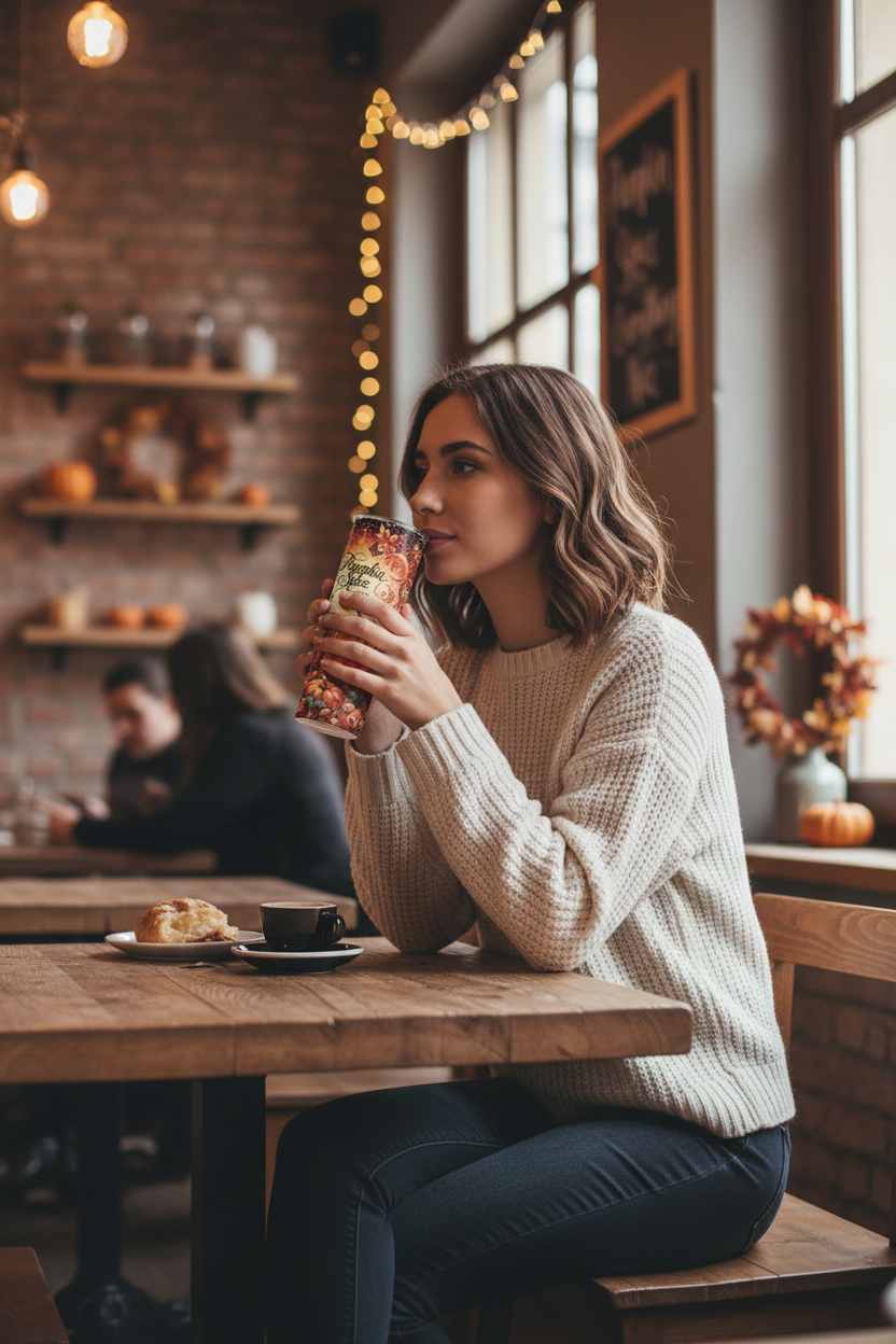 Pumpkin Spice tumbler coffee shop lifestyle