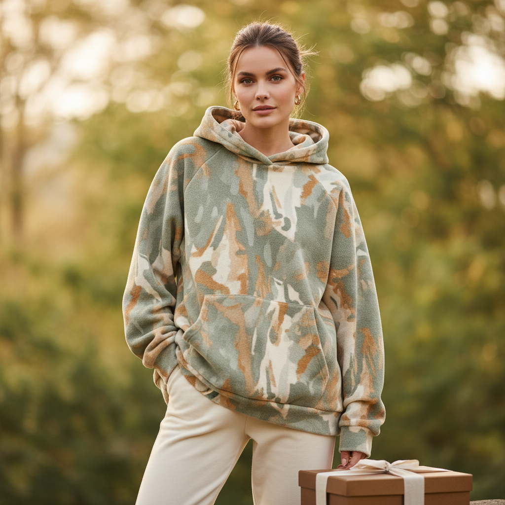 A woman wearing a stylish camouflage hoodie stands outdoors, showcasing the best women's cashmere hoodies 2026.