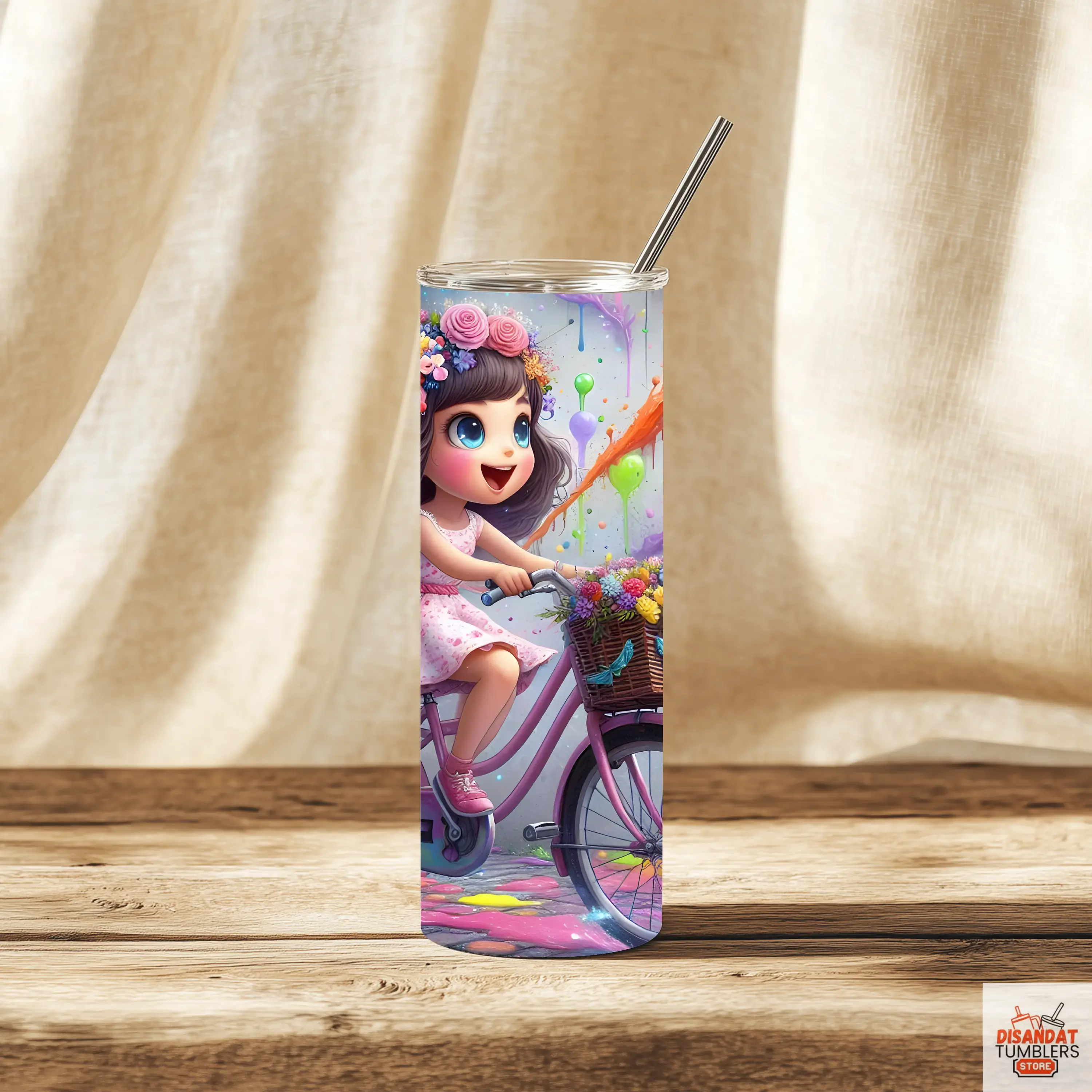 12oz Kids Insulated Tumbler - Girl on Bike - Dis An Dat Tumbler Store