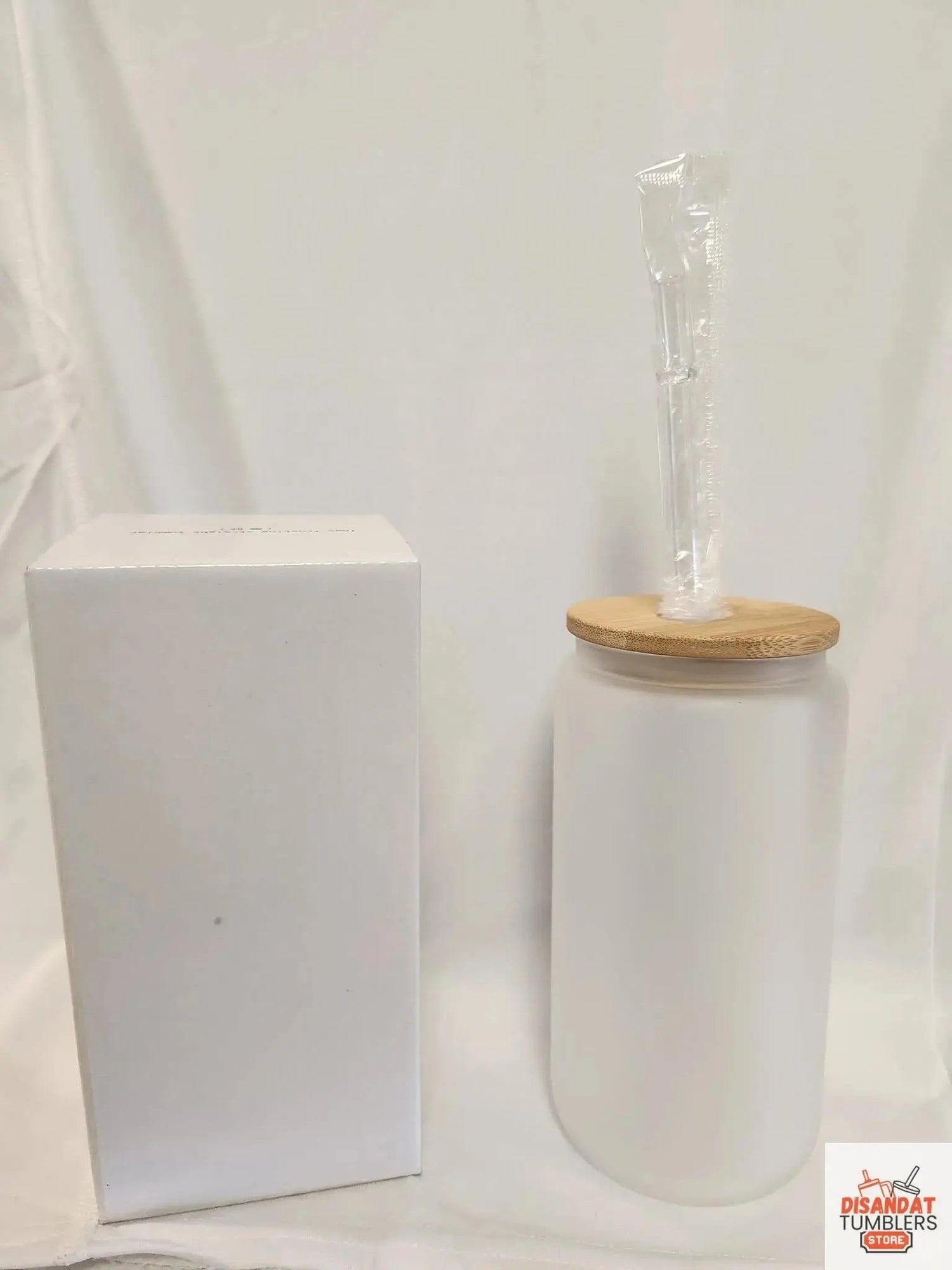 16oz frosted glass custom design tumbler with bamboo lid and glass straw in white gift box