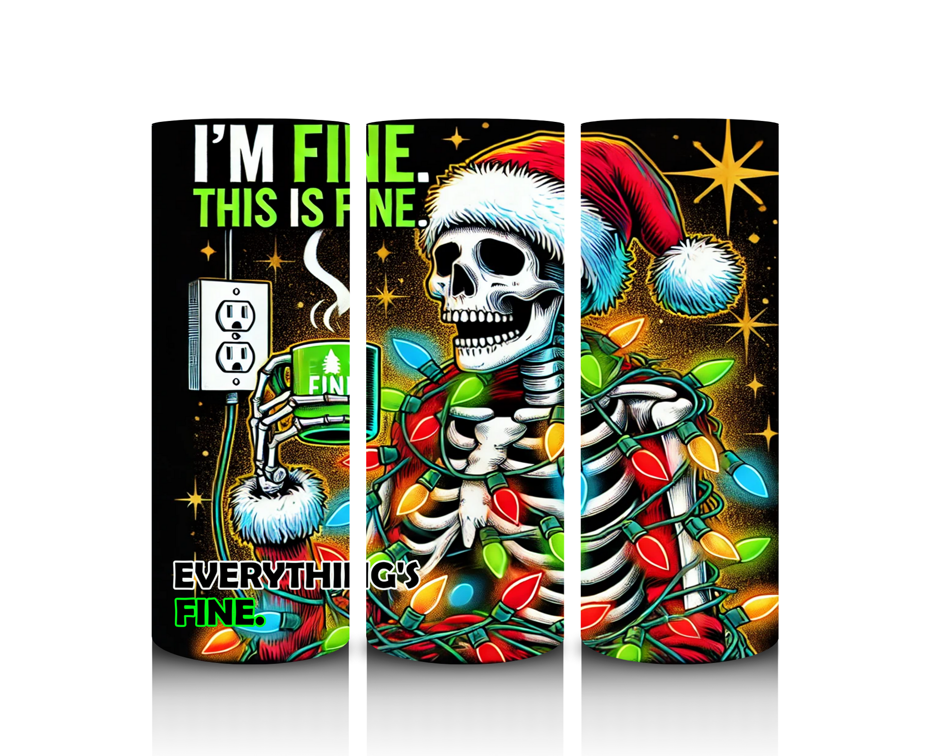 Tumbler artwork with a skeleton in a Santa hat surrounded by Christmas lights, text, and a power outlet.