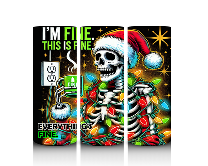 Tumbler artwork with a skeleton in a Santa hat surrounded by Christmas lights, text, and a power outlet.