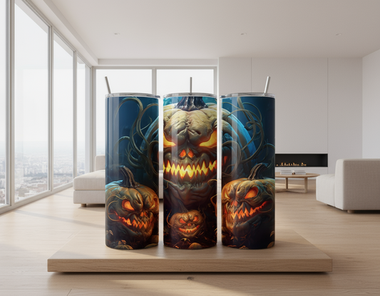 Three Halloween-themed cups with jack-o'-lantern design on a white background