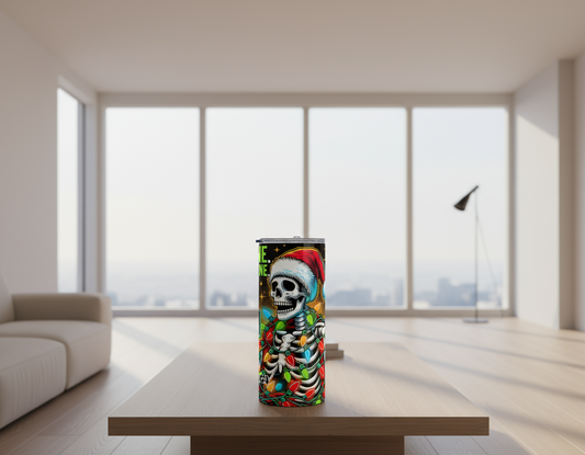 Three-panel artwork Tumbler with a skeleton in a Santa hat surrounded by Christmas lights, with text 'I'm fine, this is fine, everything is fine'.
