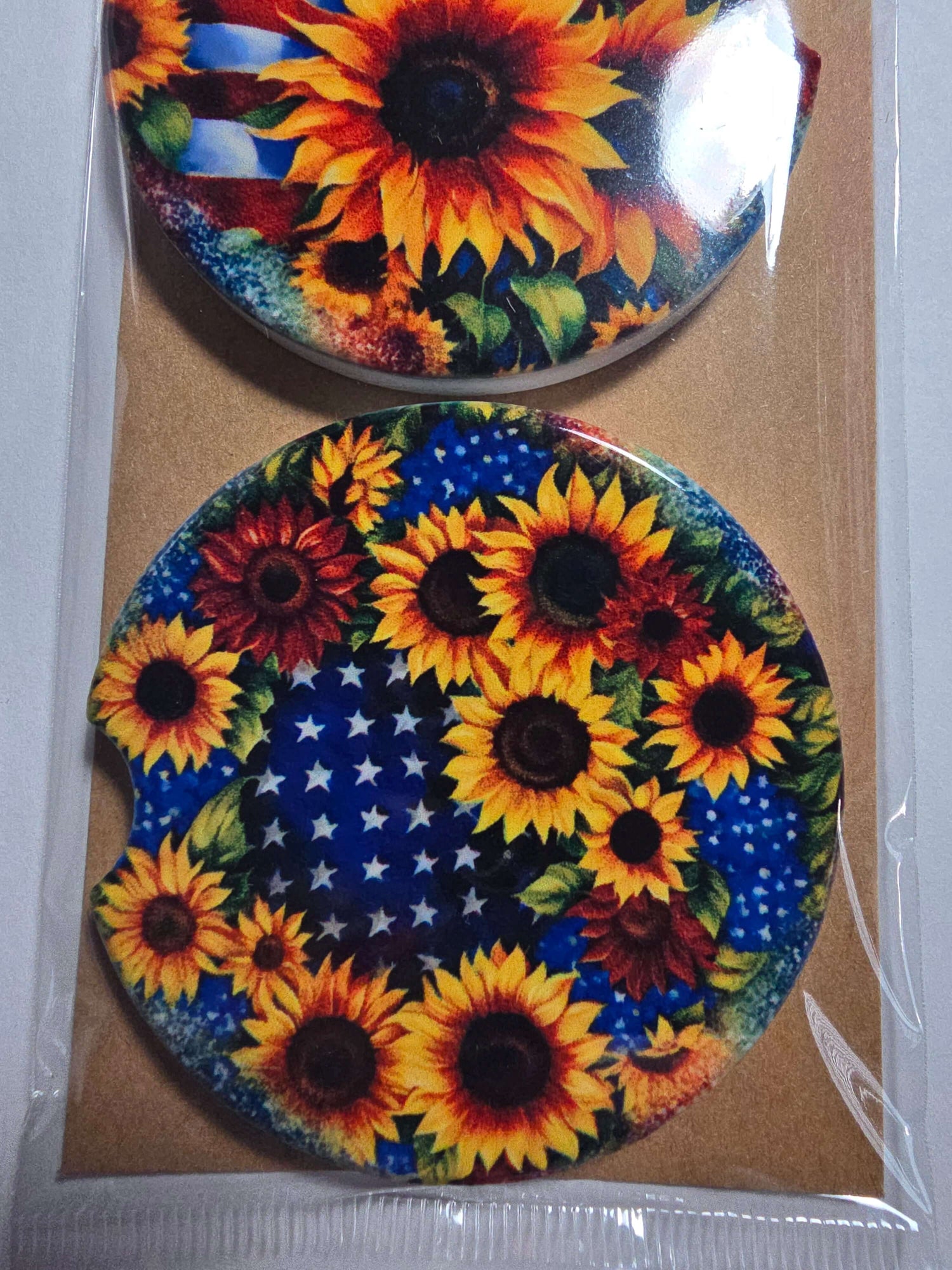 American flag sunflowers car coasters set of 2 in packaging
