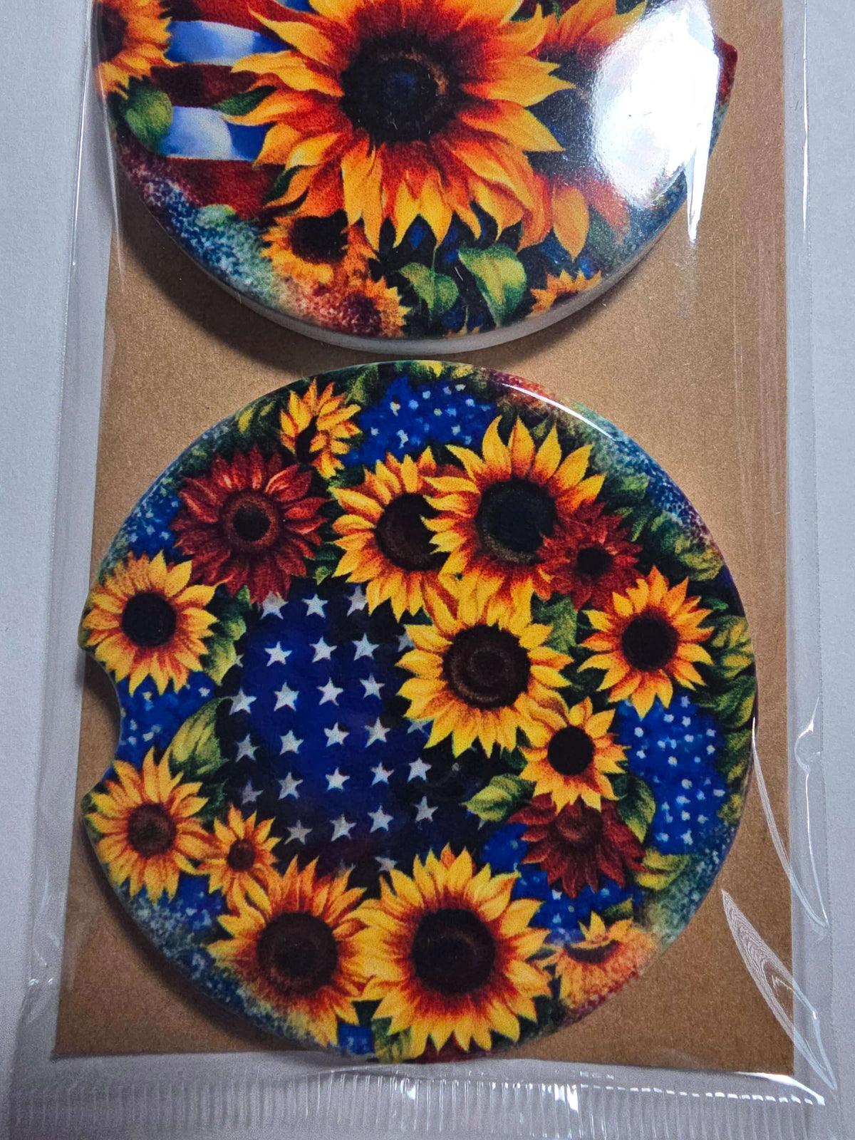 American flag sunflowers car coasters set of 2 in packaging