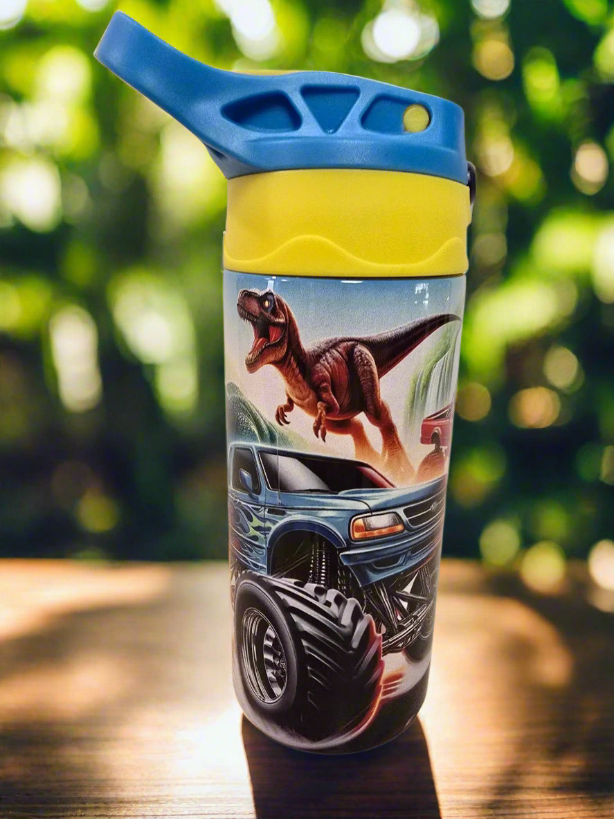 Big trucks with Dinosaurs boys 12oz thermal Tumbler A Little Dis An Dat Tumblers