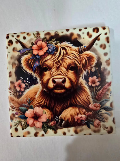 Cheetah Highland Cow 🐄 4-inch Coasters - Dis An Dat Tumbler Store