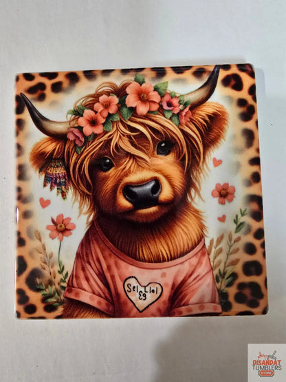Cheetah Highland Cow 🐄 4-inch Coasters - Dis An Dat Tumbler Store