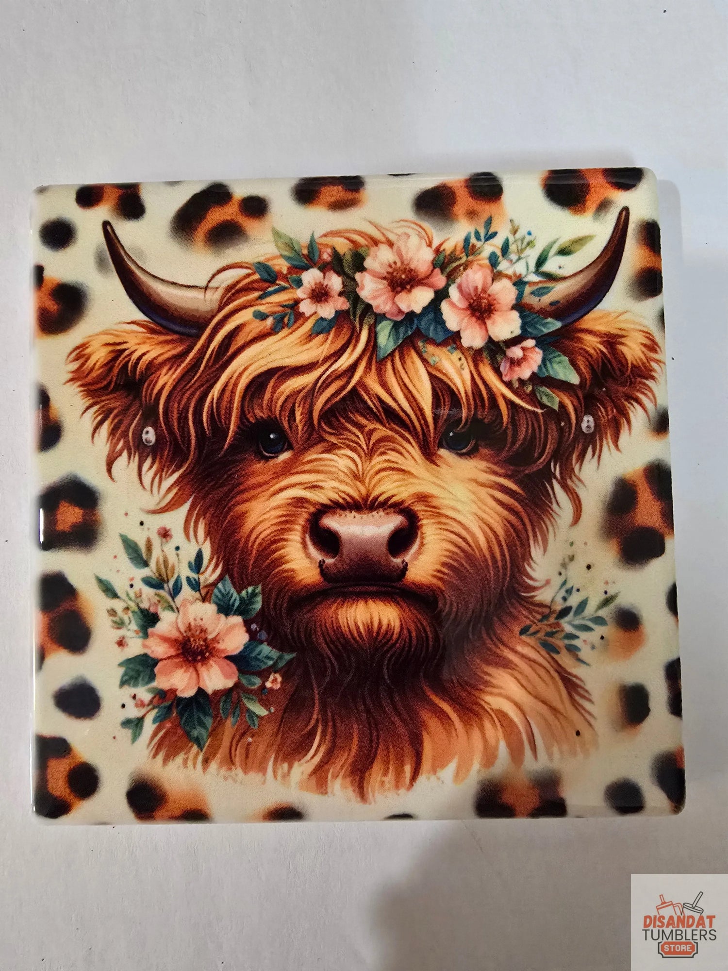 Cheetah Highland Cow 🐄 4-inch Coasters - Dis An Dat Tumbler Store