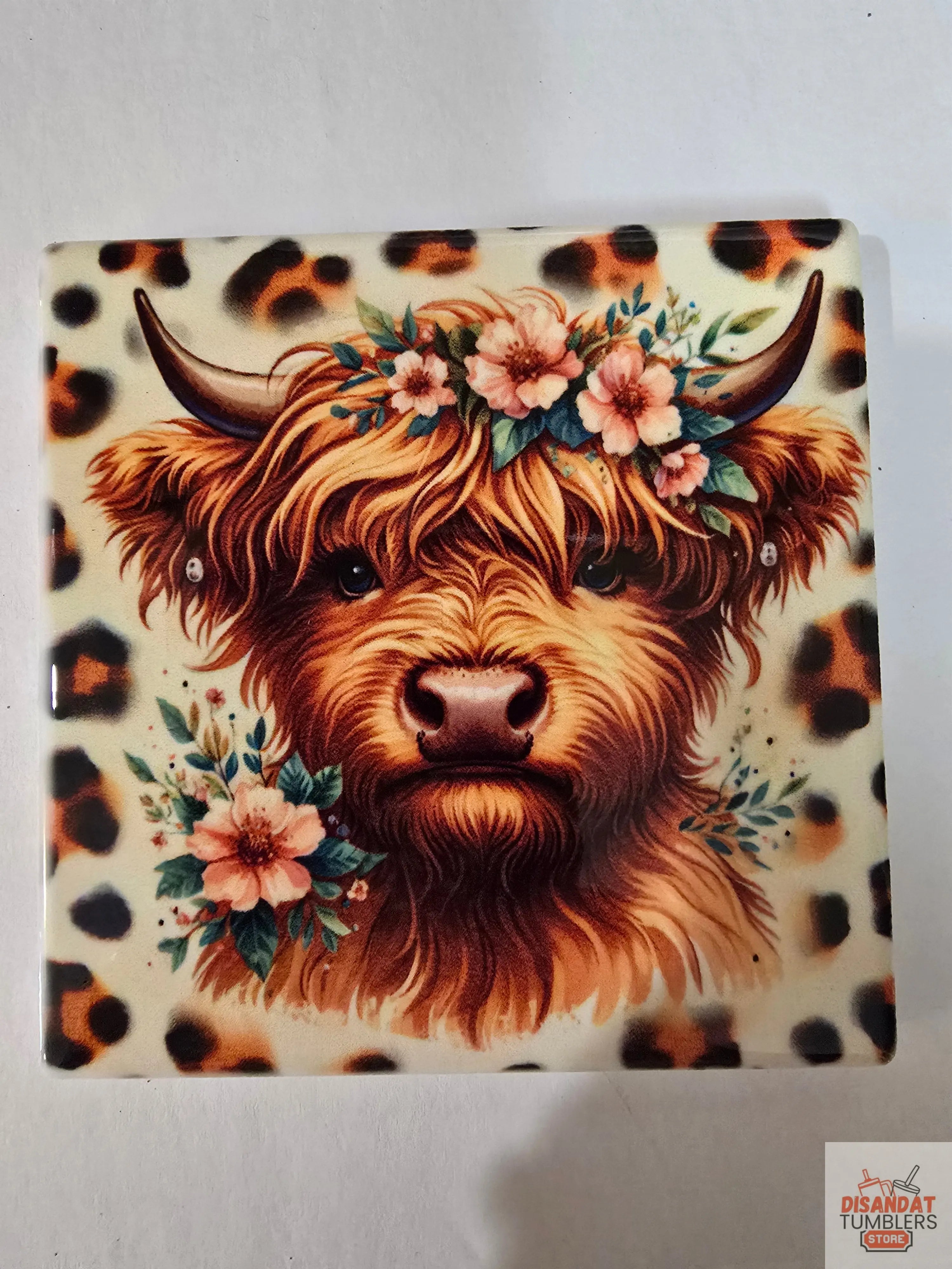 Cheetah Highland Cow 🐄 4-inch Coasters - Dis An Dat Tumbler Store