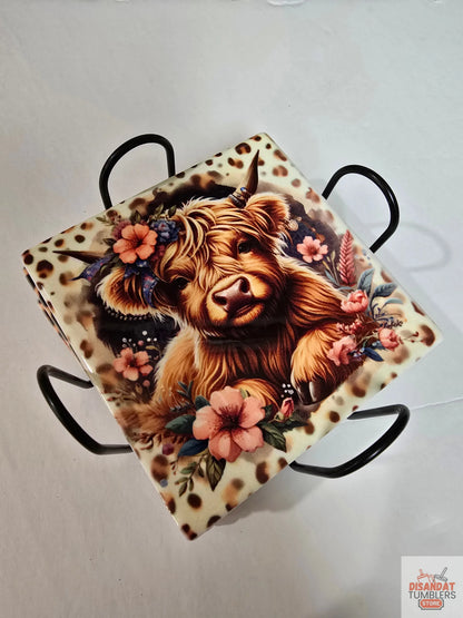 Cheetah Highland Cow 🐄 4-inch Coasters - Dis An Dat Tumbler Store