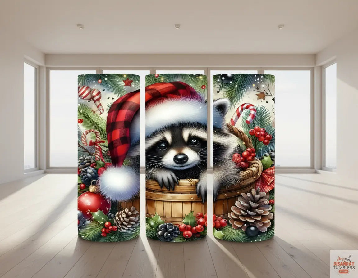 Three panels of a Christmas-themed design with a raccoon, Santa hat, and festive elements.