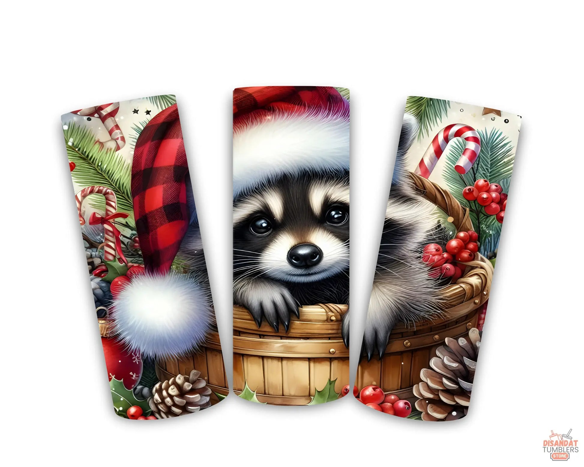 Three Christmas-themed phone cases with a raccoon design on a white background