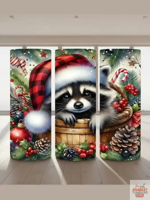Three panels of a Christmas-themed design with a raccoon, Santa hat, and festive elements.