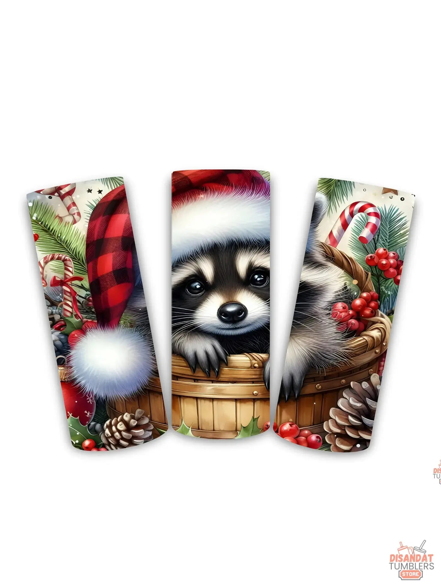 Three Christmas-themed phone cases with a raccoon design on a white background