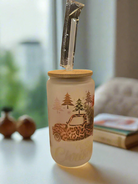 Christmas Truck 16oz Frosted Glass Tumbler DisAnDat