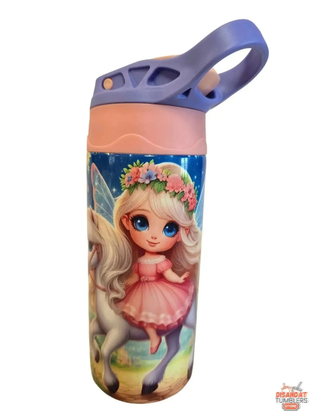 Children's water bottle with fairy and unicorn design on a white background