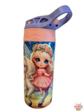 Children's water bottle with fairy and unicorn design on a white background
