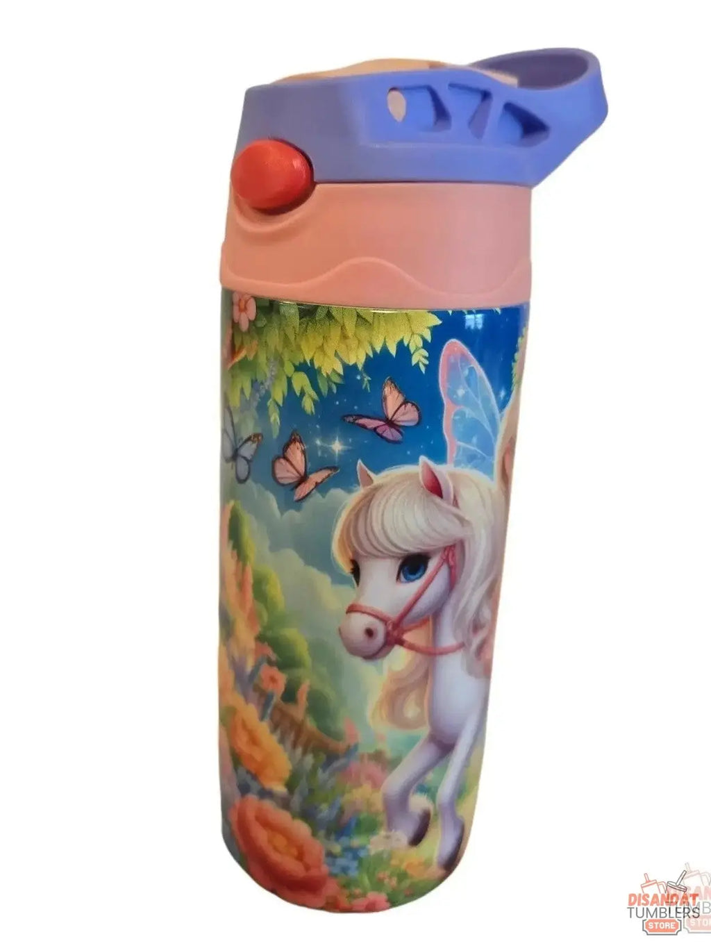 Children's water bottle with unicorn design on a white background