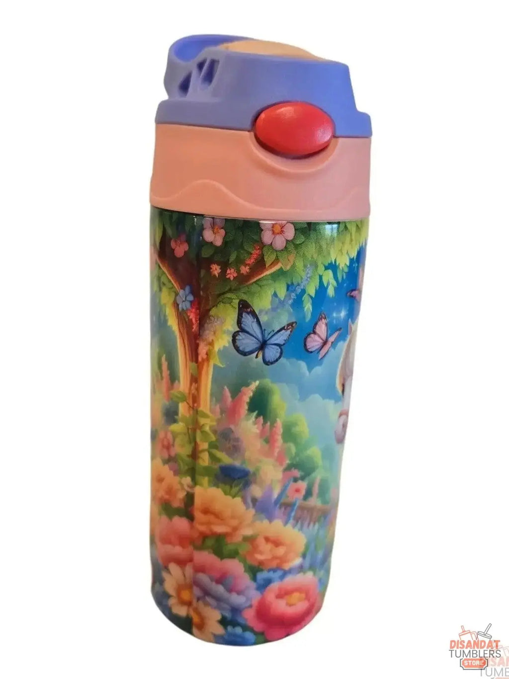 Colorful water bottle with a floral and butterfly design on a white background