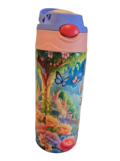 Colorful water bottle with a floral and butterfly design on a white background