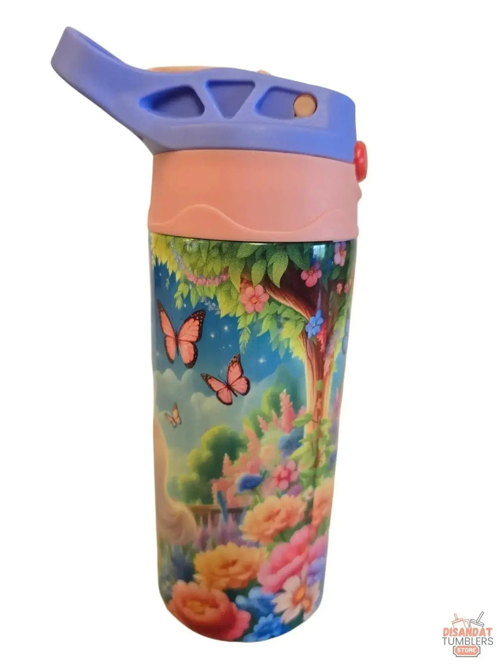 Colorful water bottle with floral and butterfly design on a white background