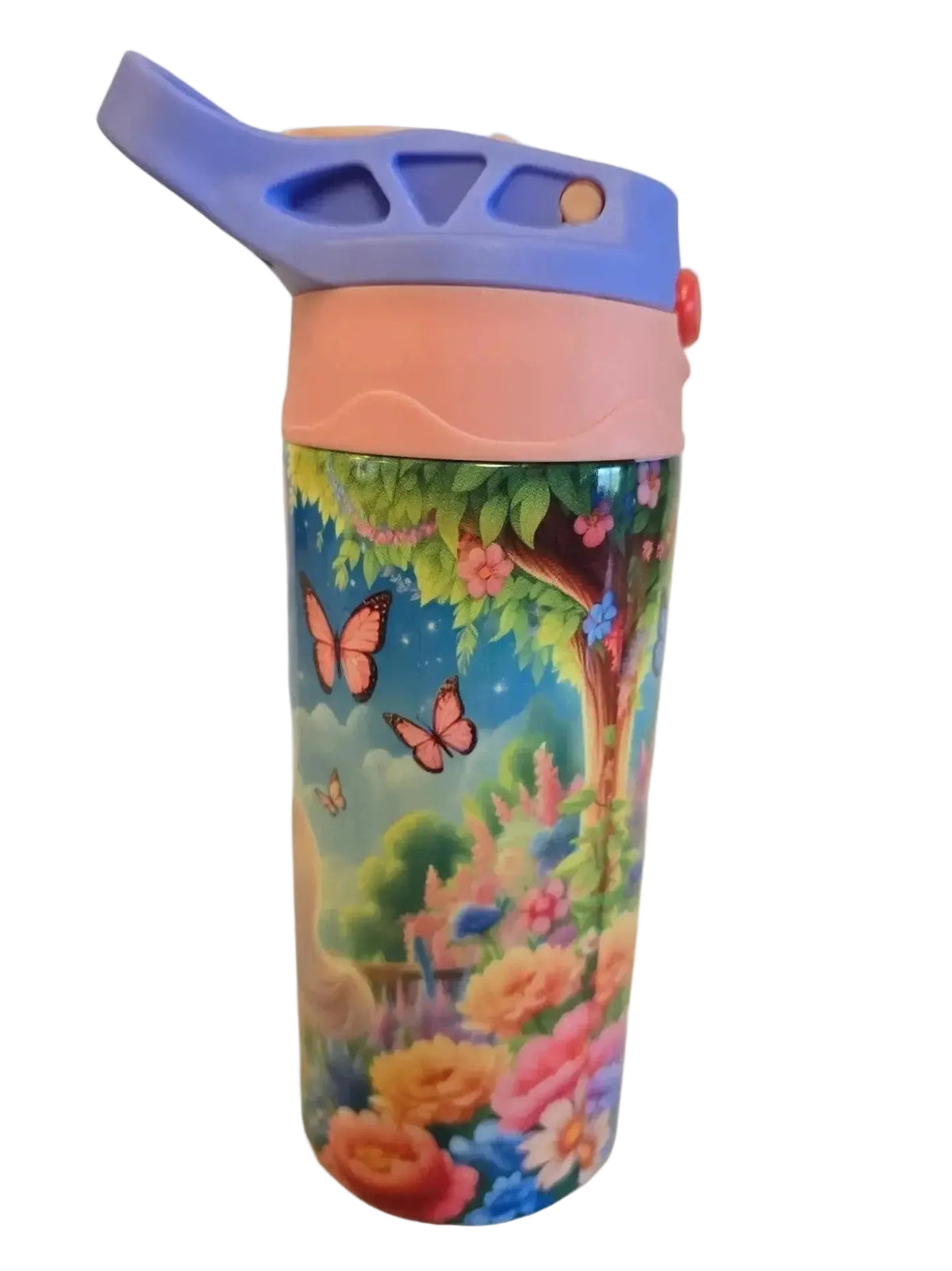 Colorful water bottle with floral and butterfly design on a white background