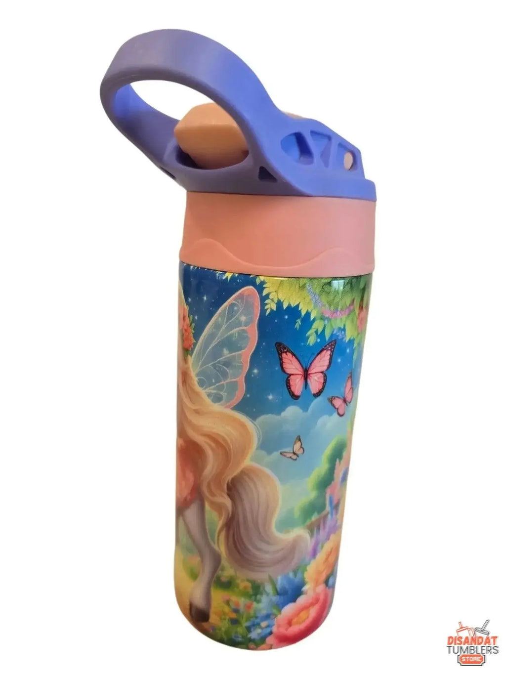 Colorful water bottle with fairy design on a white background