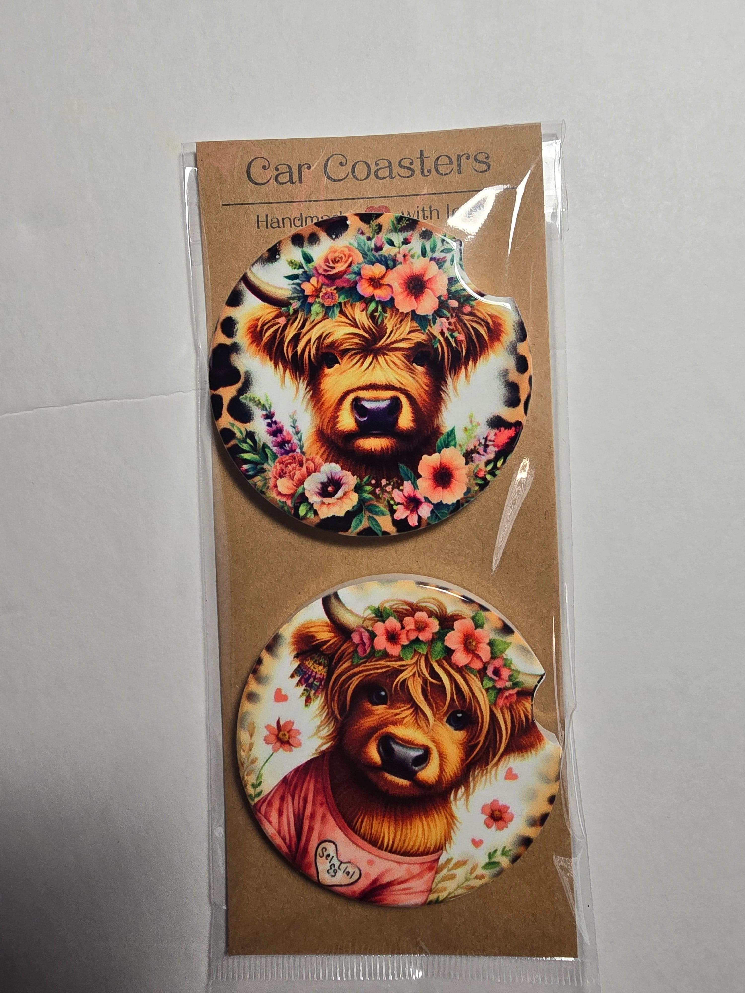 Highland Cow Floral Car Coasters – Set of 2 Dis An Dat Tumbler Store