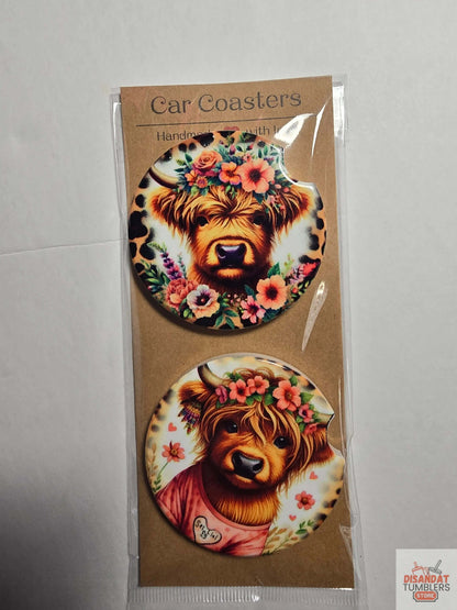 Highland Cow Floral Car Coasters – Set of 2 Dis An Dat Tumbler Store